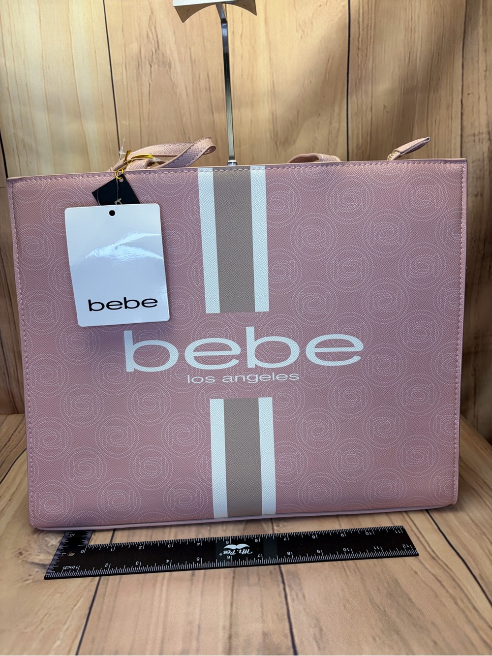 bebe Dusty Pink Tote with White Stripe Logo